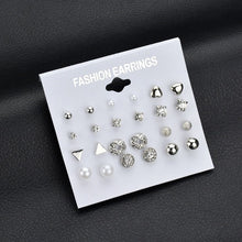 Load image into Gallery viewer, MissCyCy 25 Style Heart Flowers Infinite Symbol Stud Earrings Set 2018 New Rhinestone imitation Pearl Earrings for Women Gift