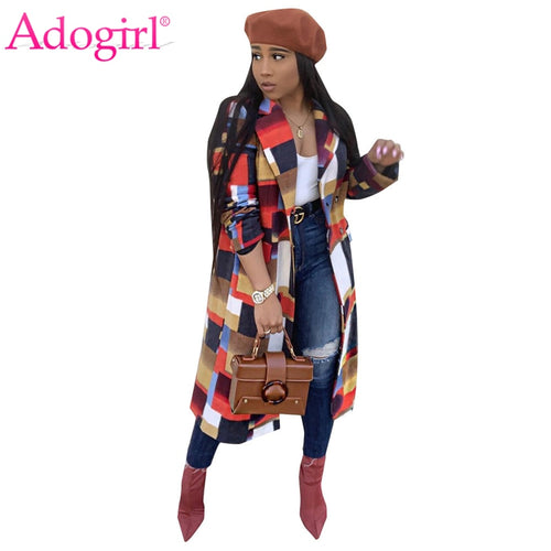 Adogirl Colorful Plaid Woolen Coat Turn Down Collar Double Breasted Fashion Casual Wool Jacket Warm Winter Long Outwear Outfits