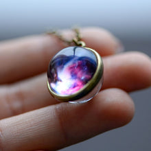 Load image into Gallery viewer, Nebula Galaxy Double Sided Pendant Necklace Glass Art Picture Handmade Statement Universe Planet Jewelry Necklace