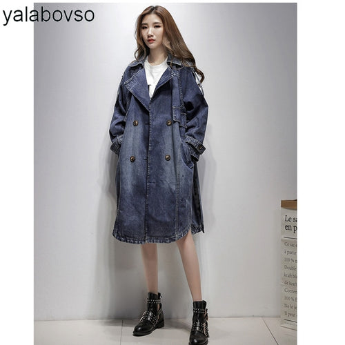 Autumn Double Breasted Denim Blue color Windcoat 5XL  Loose Wide-waisted Pocket Patchwork Fashion Loose Coat for woman A0Gz20