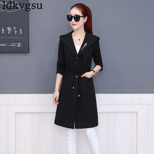 2018 Female Spring Autumn Coat Women Fashion New Slim Hooded Windbreaker Coat Women Solid Color Elegant Long Trench Coats A870