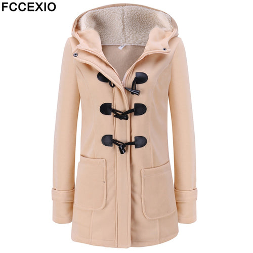 FCCEXIO 2019 Women's Wool Coat Autumn Winter Women Long Trench Coat Cotton Woollen Women Overcoat Hooded Fashion Coats S-5XL