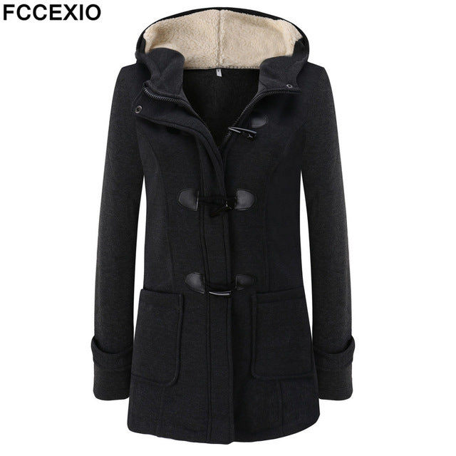 FCCEXIO 2019 Women's Wool Coat Autumn Winter Women Long Trench Coat Cotton Woollen Women Overcoat Hooded Fashion Coats S-5XL