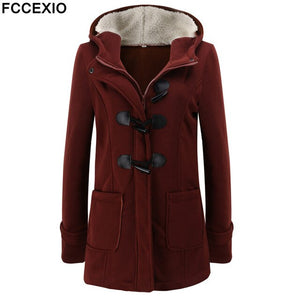 FCCEXIO 2019 Women's Wool Coat Autumn Winter Women Long Trench Coat Cotton Woollen Women Overcoat Hooded Fashion Coats S-5XL